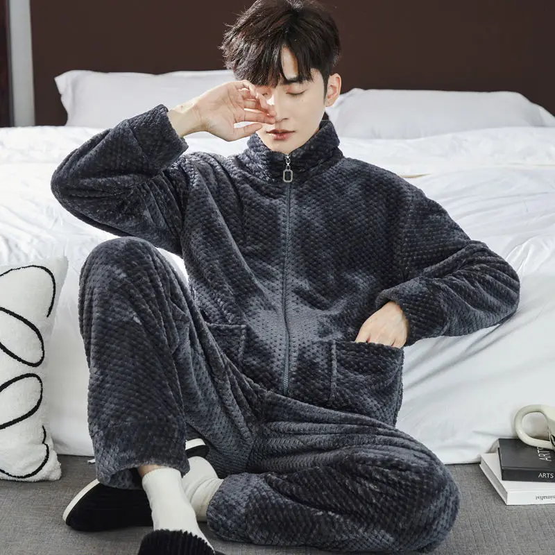 Zipper Pajamas for Men Fleece Winter Sleepwear Korean Sleeping Night Wear Solid Pijama 2 Pcs Pants Sets Warm Home Suit 2024 New