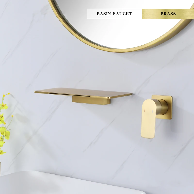 Brushed gold wall-mounted storage, waterfall faucet, concealed built-in hotel washbasin, cold and hot water faucet, storage plat