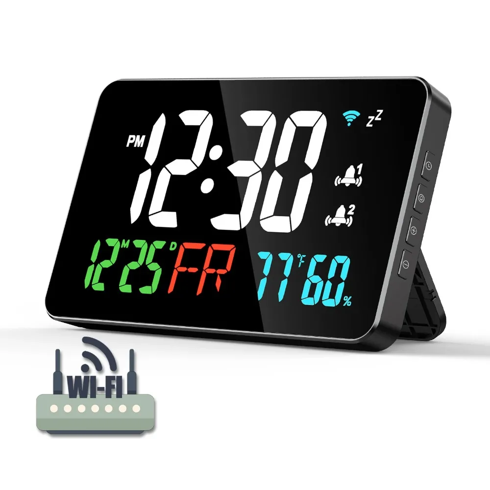 LED Digital Wall Clock WIFI Synchronized Time TEMP Humidity Date Unlimited Snooze Table Clock Desk Alarm Clock Home Decor