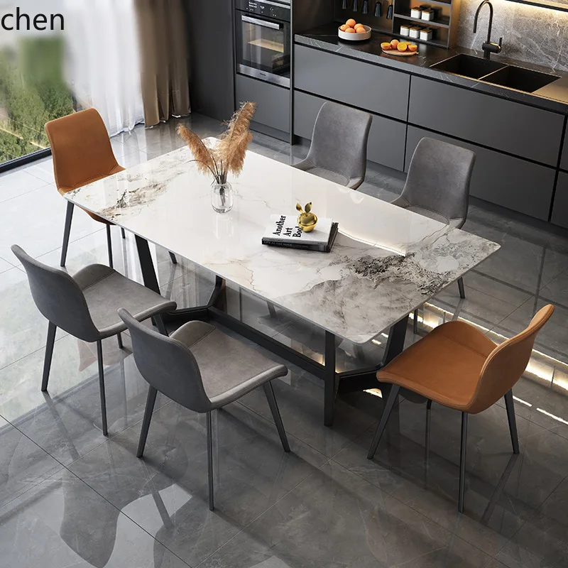 YFY Light Luxury Glossy Rock Plate Dining Table Modern  Household High-grade  Steel Titanium Gold Rectangular Eating Table