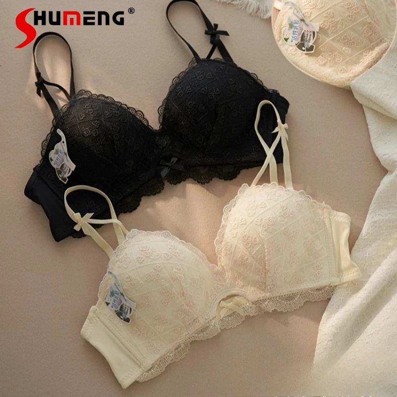 

Women's Push Up Small Chest Underwear Set Japanese Style Sweet Thin Bra Suit Female Lace Wireless Authentic Brief Outfits