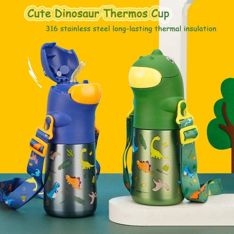 Cute Dinosaur Children's Thermos Cup With Straw Creative Cartoon 316 Stainless Steel Large Capacity 470ml Sports Bottle