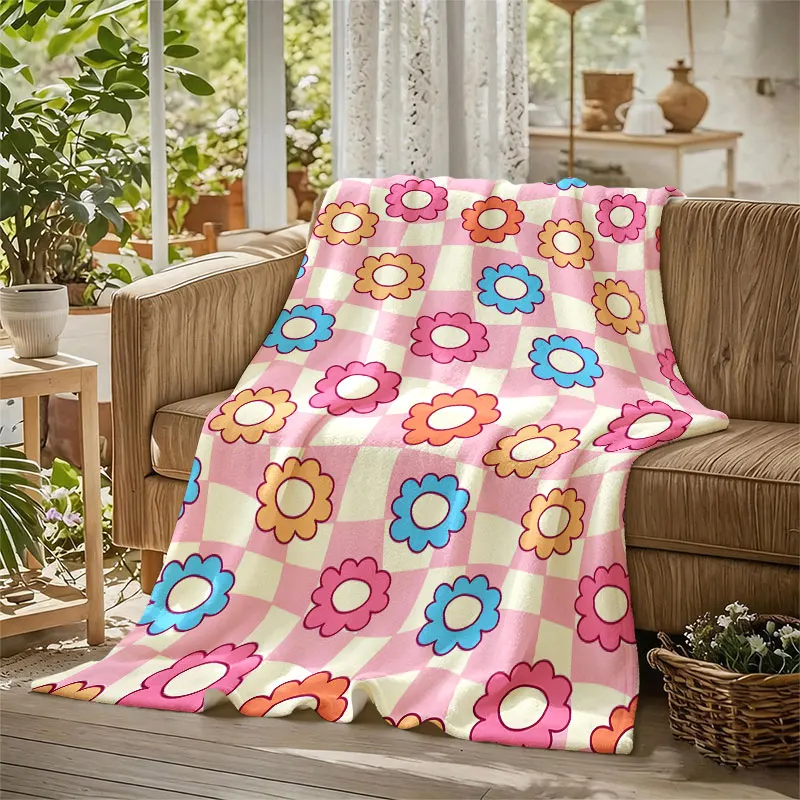 Retro Flowers Checkerboard Flannel Blanket Perfect for Sofa Office Bed Travel Sleep Read Relax Camping Four Season Use