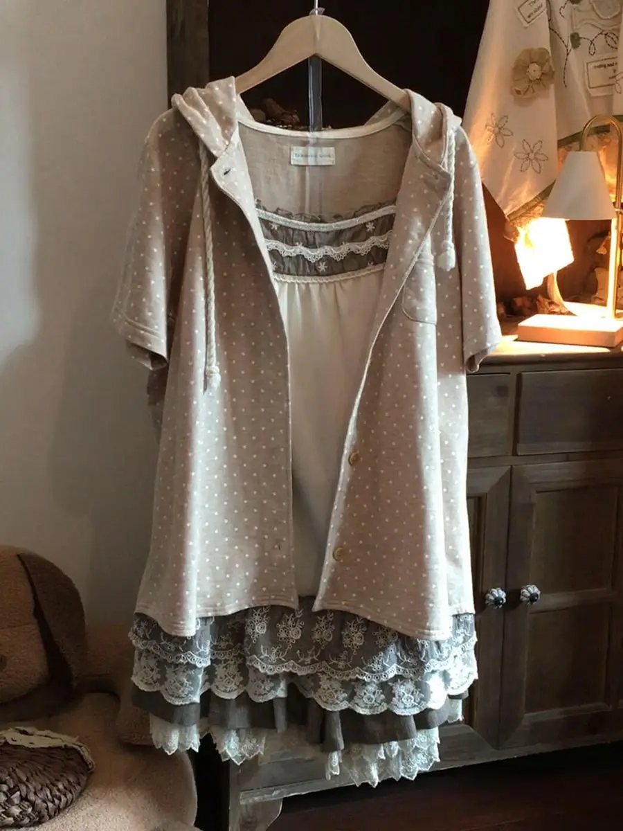 Vintage Japanese Sweet Elegant Camisole Dress Set Women Polka Dot Cropped Hooded Cardigan Lace Trim Slim Fit Dress Daily Outfit view 5