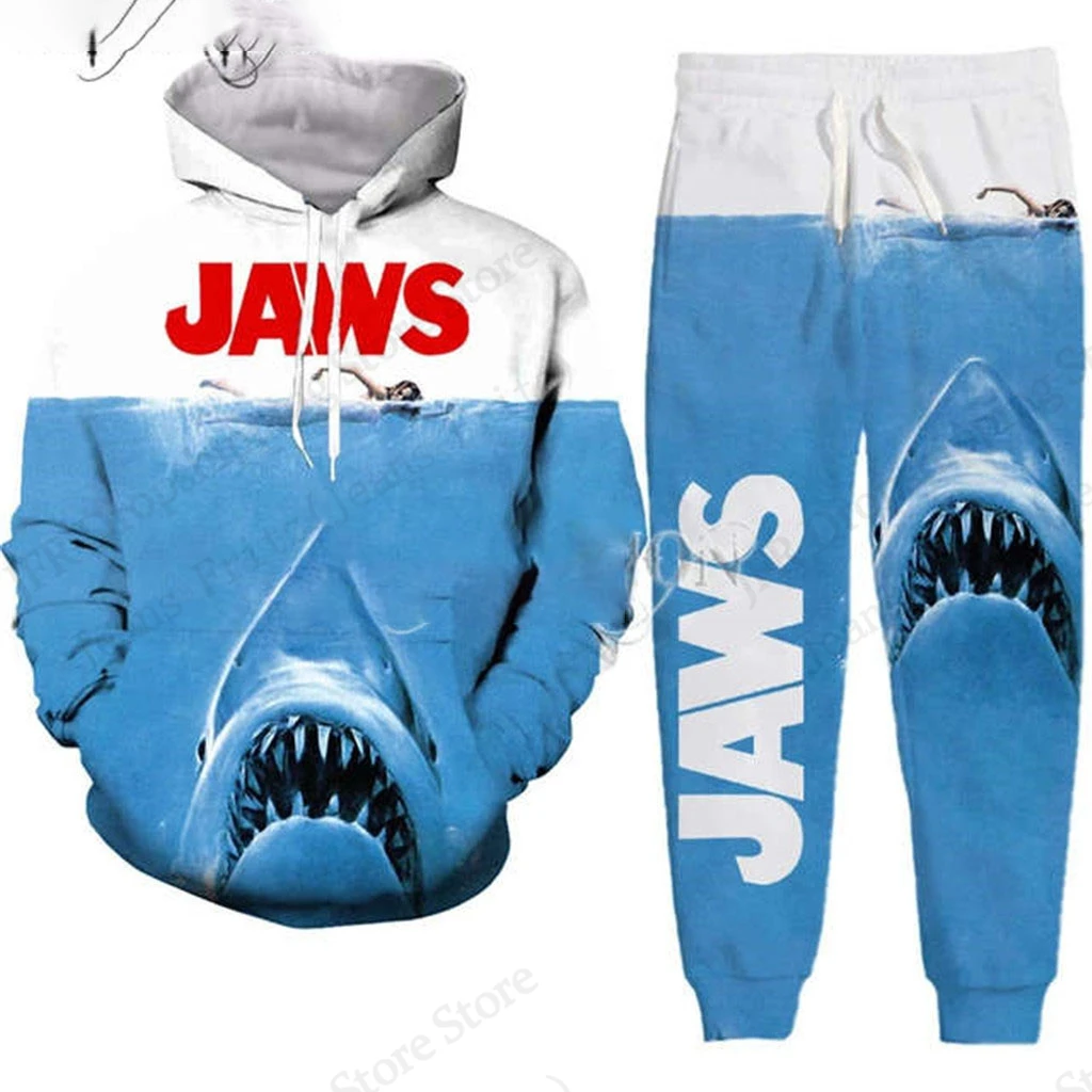 

Mens 2 Piece Hoodie Sets 3d Movie Jaws Print Hoodie Men Women Fashion Oversized Hoodies+Sweatpants Suits Jogging Tracksuit Set