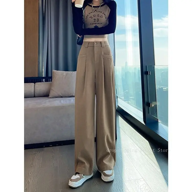 Khaki Tweed Wide-legged Pants Female Autumn Winter High-waisted Drape Loose Padded Thickened Straight Drag Trousers