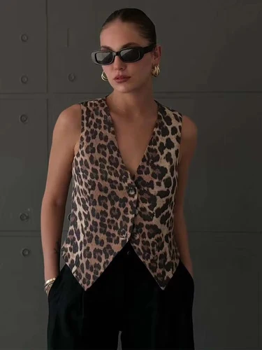 Imagen 1 del producto Chaleco de mujer 2025 moda leopardo verano cuello pico chaleco de un solo pecho Top señoras Casual recortado abrigo sin mangas nuevo en chalecos