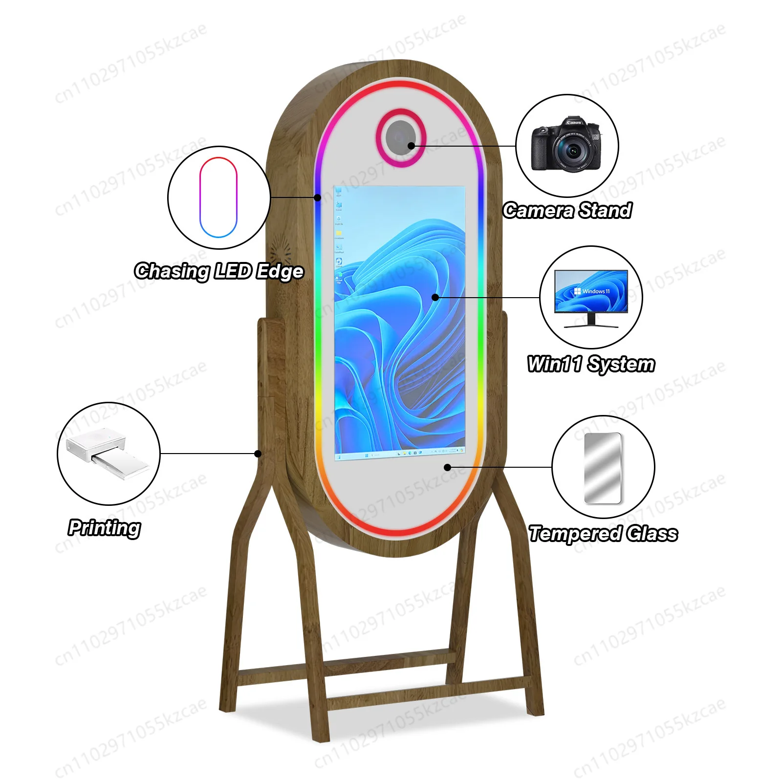 Solid Wood Oval Magic Mirror with Camera, RGB Light for Makeup Live Stream, All-in-One Vanity Studio