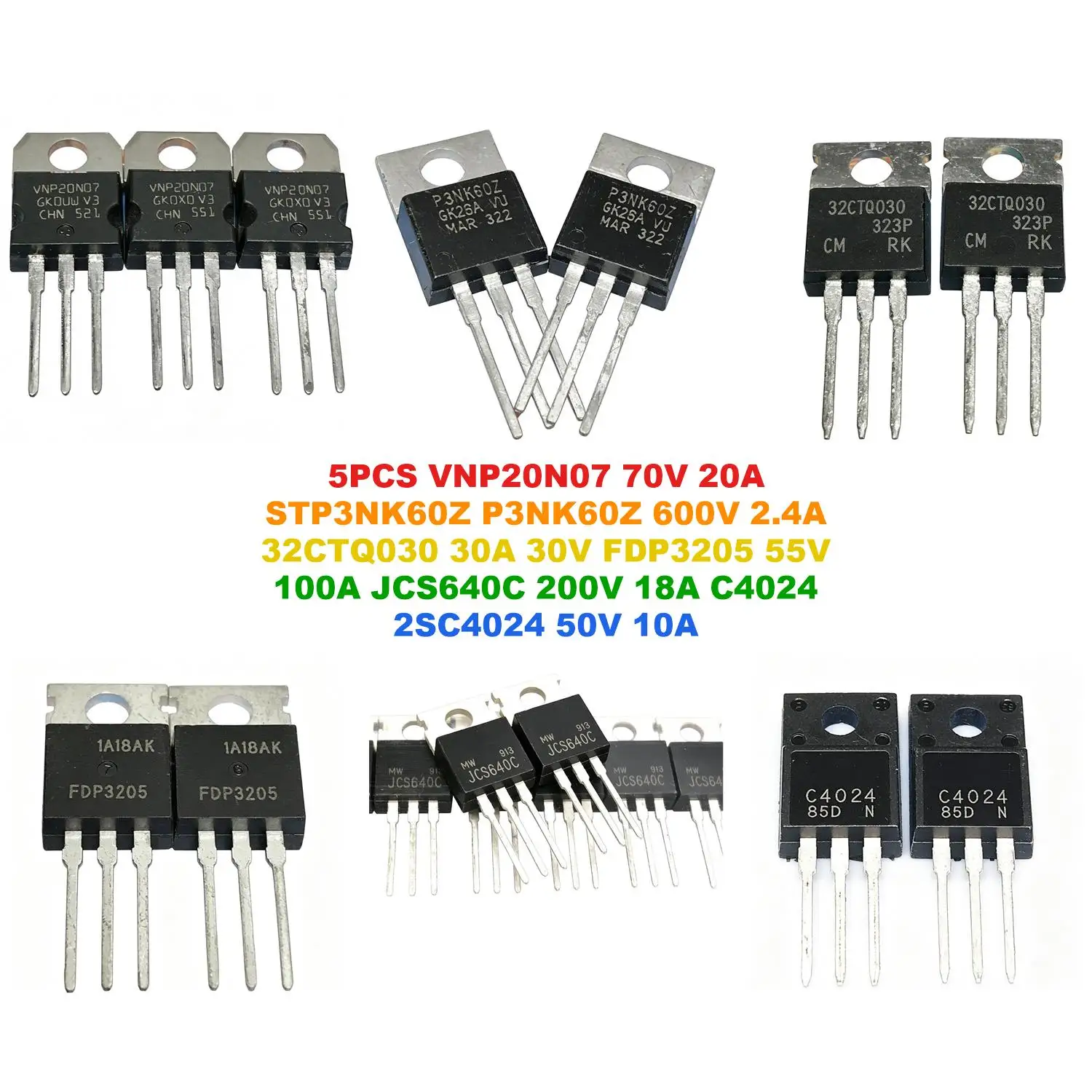 VNP20N07 70V 20A STP3NK60Z P3NK60Z 600V 2.4A 32CTQ030 30A 30V FDP3205 55V 100A JCS640C 200V 18A C4024 2SC4024 50V 10A