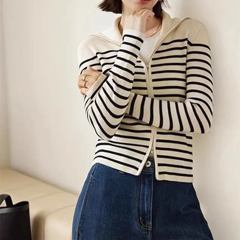 محبوك سترة المرأة بالأزرار جديد كم طويل مخطط متماسكة سترة سترة المرأة بلايز تريكو Sueters De Mujer 2025 Q1385