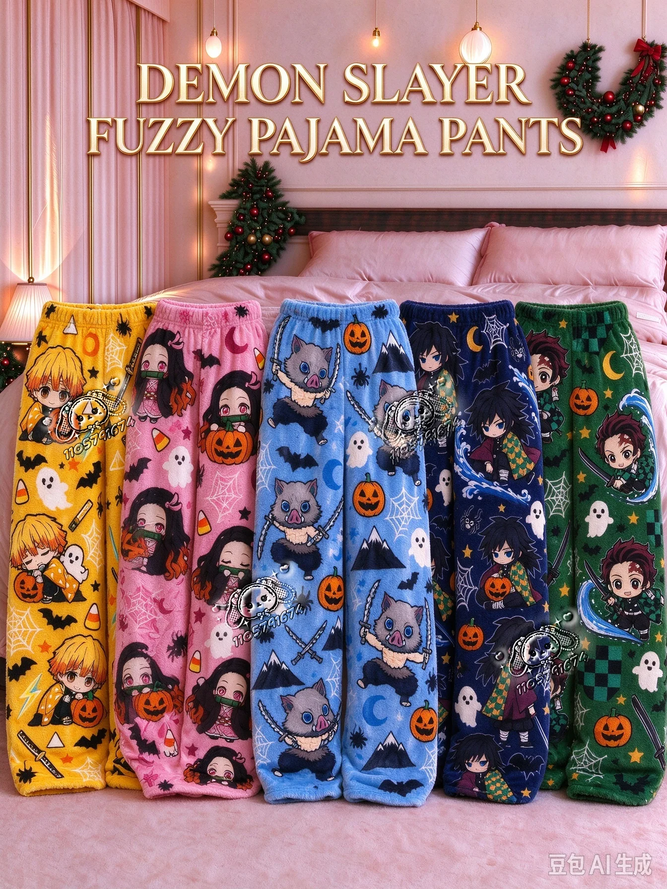 Autumn Winter Universal Holiday Demon Slayer  Q Version Fuzzy Pajama Pants Casual Loose Home Trousers Unisex FamilyMatching