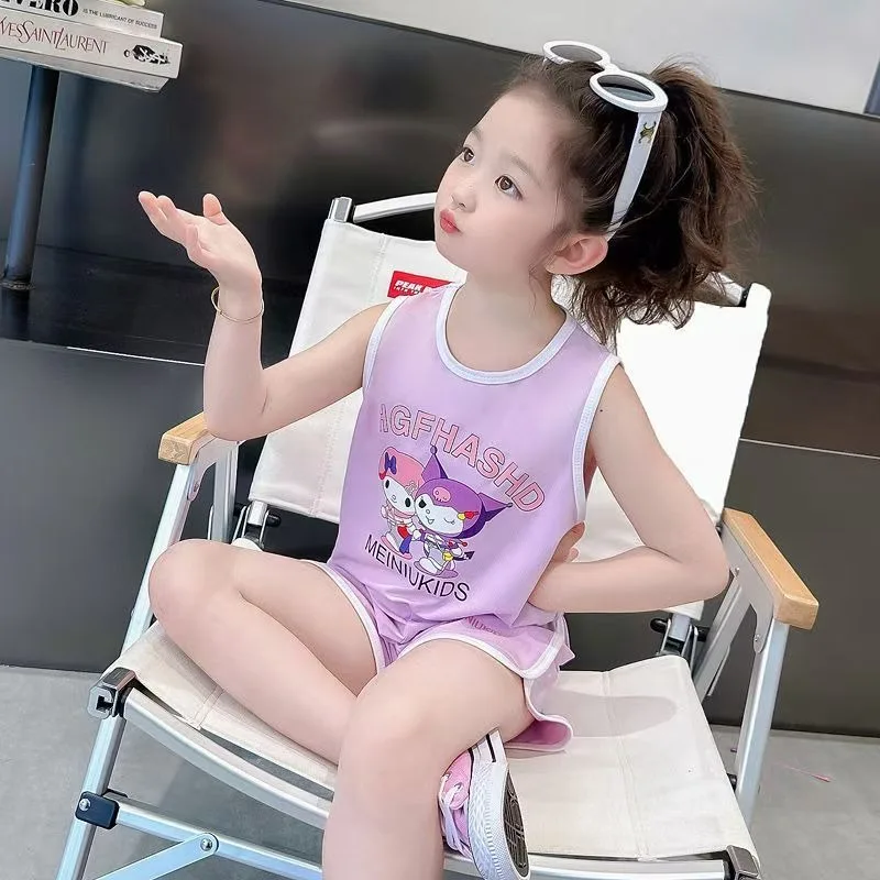 

2025 Kuromi Anime Kawaii Sanrio Ins Fashion Short Sleeve Shirt Pants Set Cute Girls Summer Cute Cartoon Print Clothes Gifts