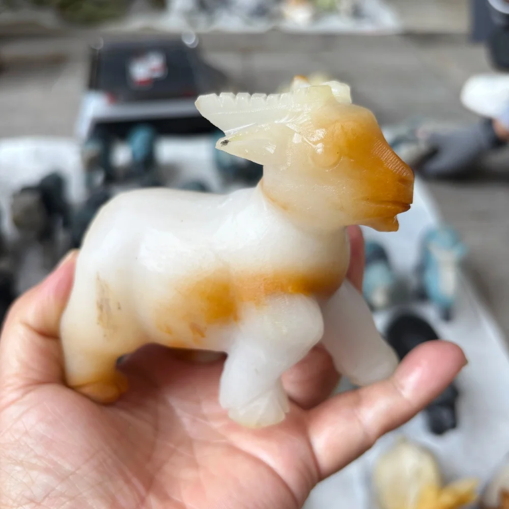 Natural Crystal Jade Stone Calcite Goat Animal Figurine Reiki Healing Gothic Hand Carved Home Table Ornament Gift