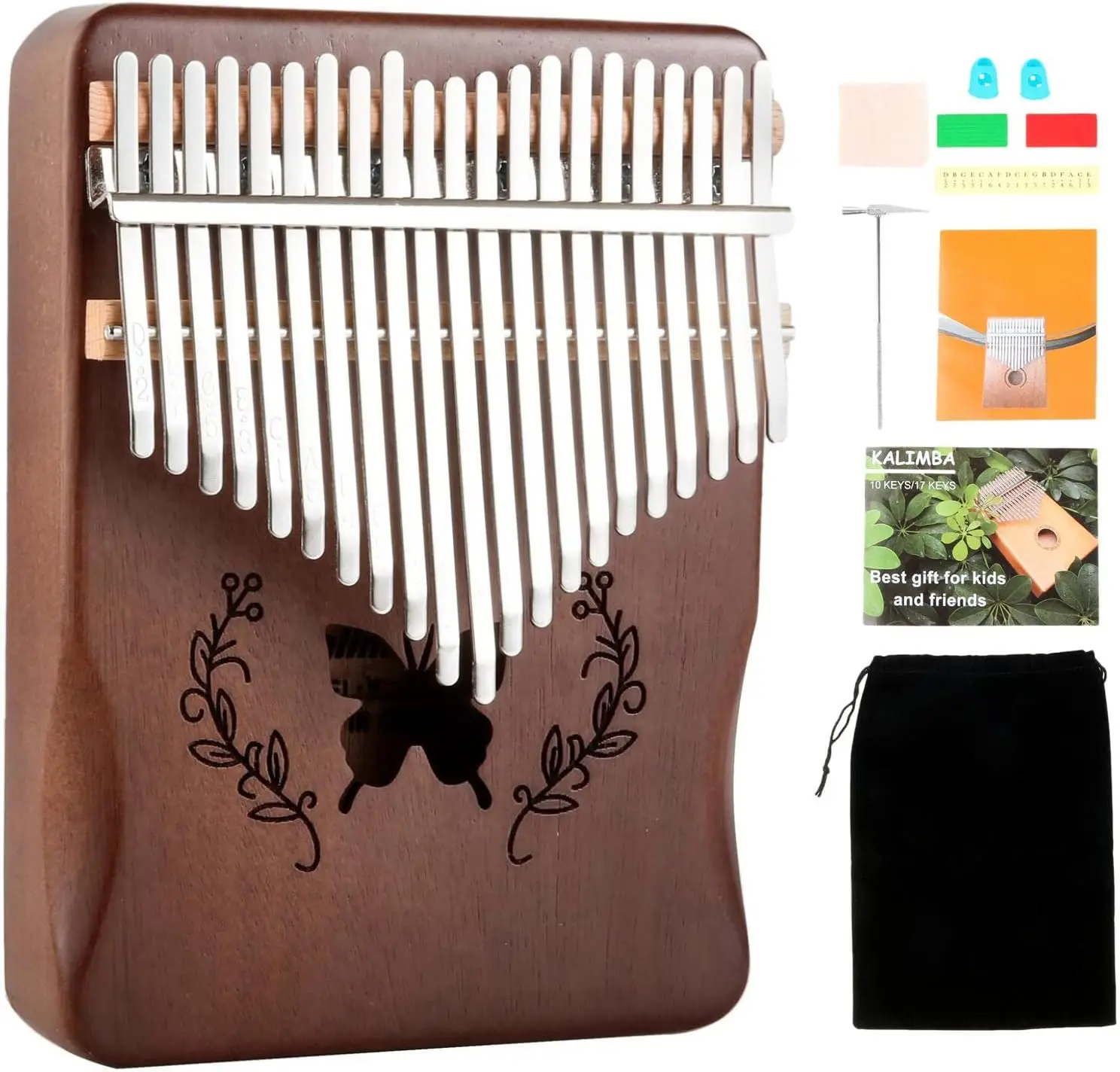 Kalimba 21 Keys Thumb Piano, Natural Mahogany Solid Wood Portable Mbira Finger Piano Musical Instrument
