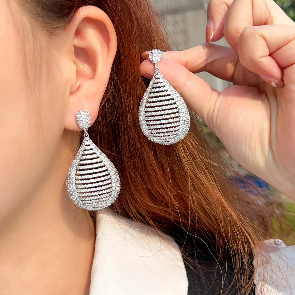 ThreeGraces Luxury Cubic Zirconia Silver Color Long Big Dangle Bridal Wedding Earrings for Women Fashion Brand Jewelry E1112