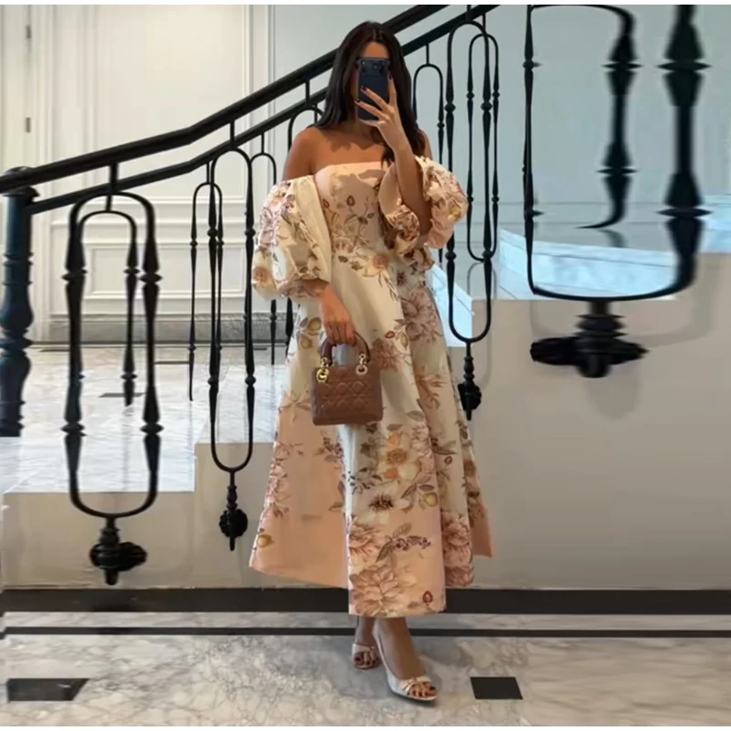 Elegant Floral Printed Women's Dress Stand Collar Full Puff Sleeve A-line Long Dresses 2026 Summer Vacation Party Lady Robes