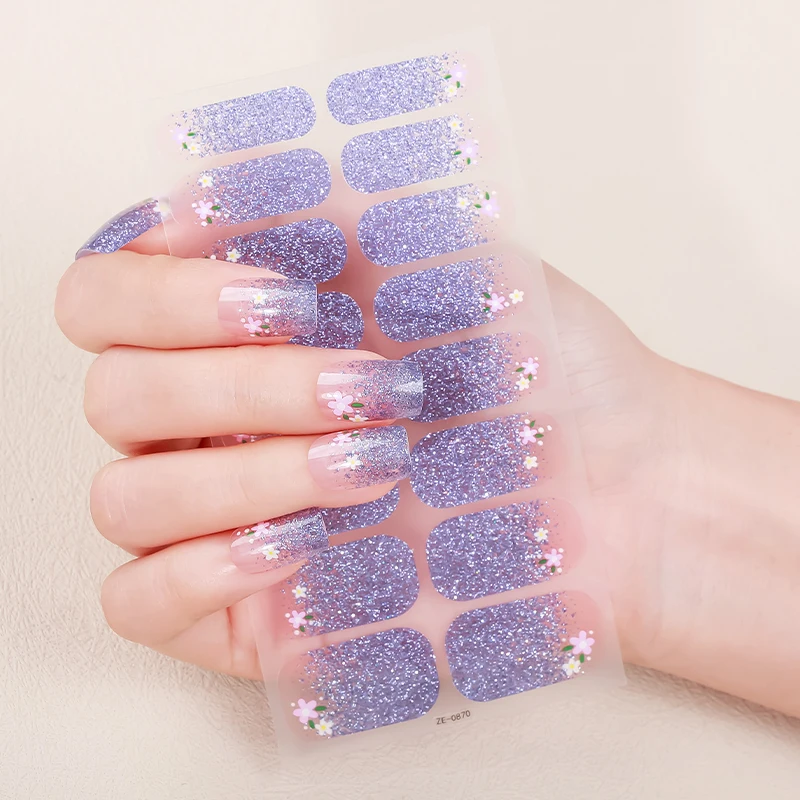 

16tips Gradient DIY Baking-Free Nail Stickers Shiny Flowers Adhesive Nail Strips Patch Slider Full Cover Nail Decoration Decal