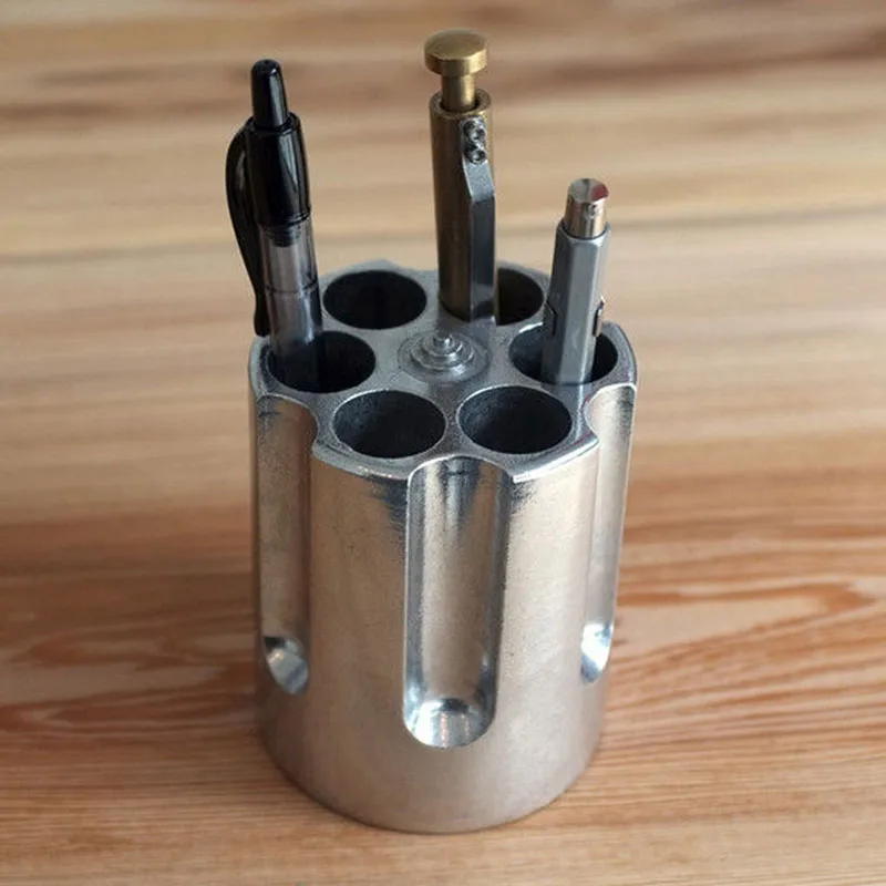 1PC Cylinder Pen/Pencil Container Aluminum 6-hole Revolver Pen Metal Holder Gift New