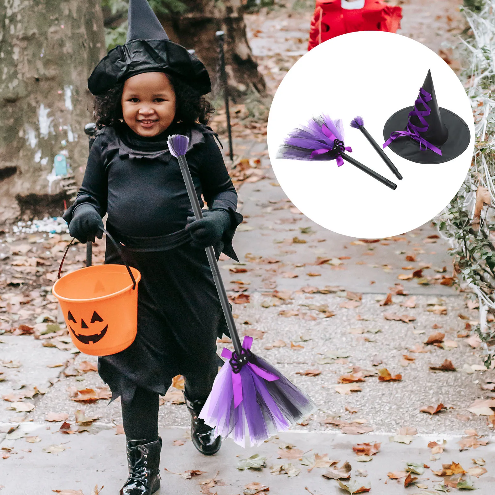 

1Set Witch Hat Party Halloween Decorative Witch Broom Cosplay Masquerade Dress-Up Kit Witches Broom Witches Hat