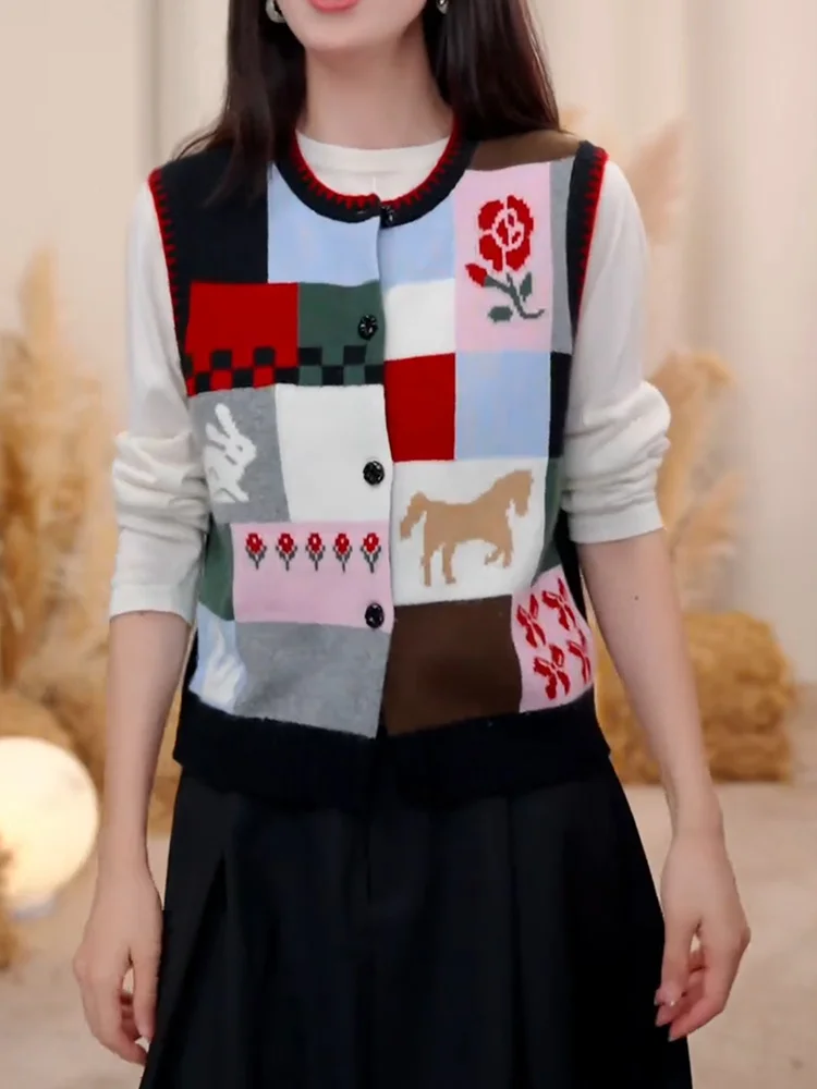 

Модный вязаный жилет крупной вязки для женщин больших размеров, осенне-зимний, новый дизайн с цветовыми блоками, корейский стиль, стройнящий эффект, кардиган