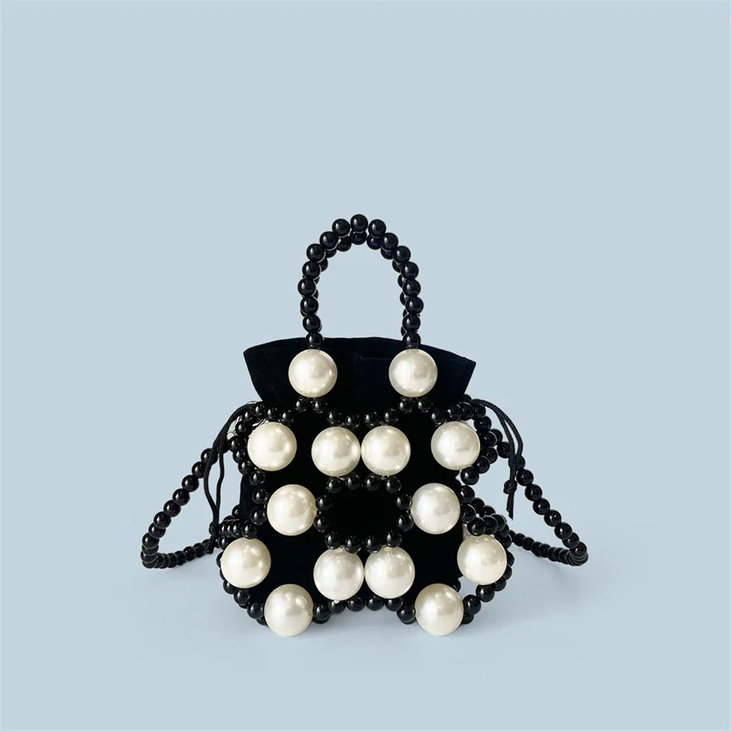 2025 New Fashion Mini Black White Handmade Pearl Beading Single Shoulder Chain Bracelet Woven Crossbody Bag