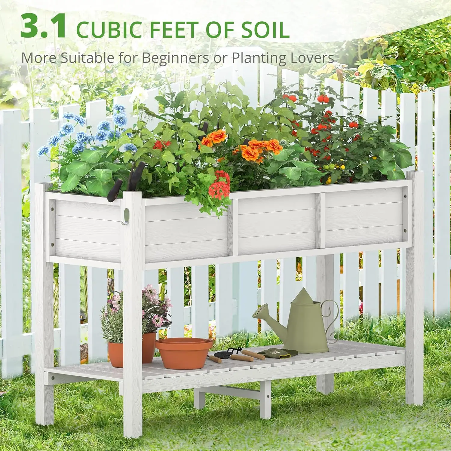 Raised Garden Bed with Tools, 47*18*29 in, Poly Elevated Planter Box with Legs And Storage Shelf, Weather Resistant, 3-Year Warr