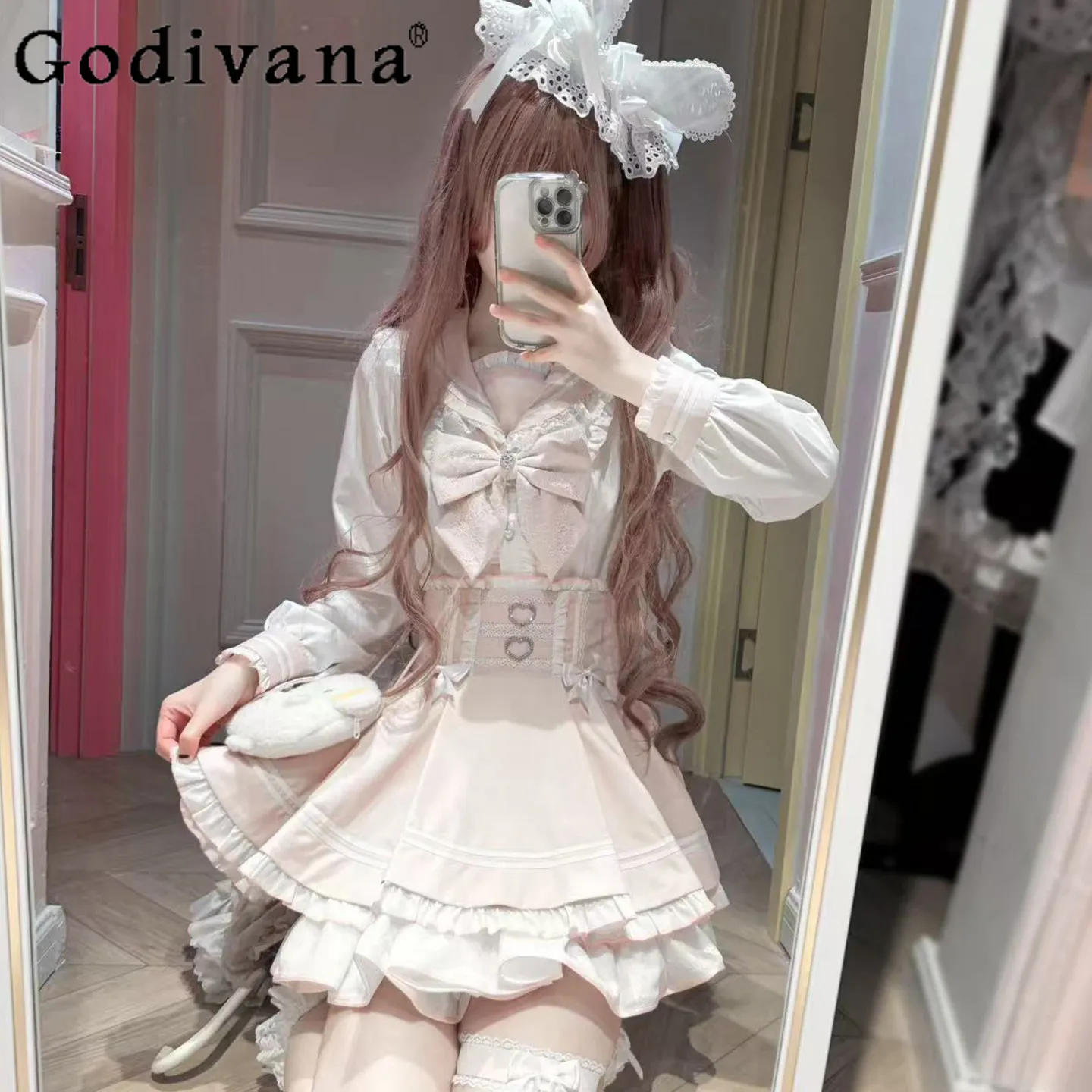 

Японский комплект в стиле Лолита для девушек: рубашка с длинным рукавом и юбка больших размеров, 2 предмета, новинка Весна 2026, женский милый комплект с бантом: топ и юбка