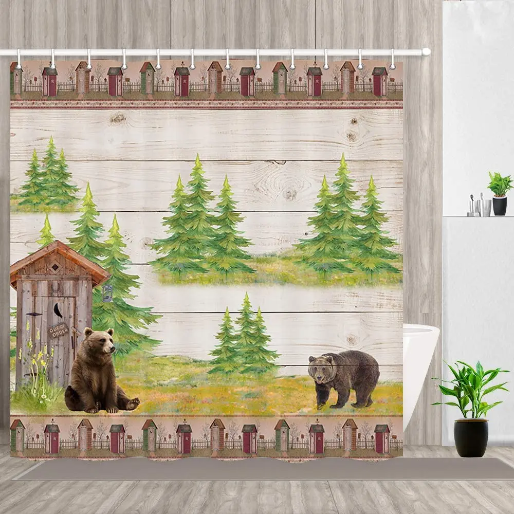 Primitive Forest Shower Curtain Set Bear Outhouse Wooden Plank and Western Star Bathroom Curtains Decor Accessories Polyester