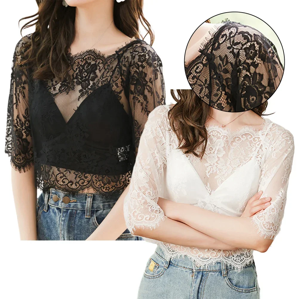 Womens Blouses Summer Spring Transparent Feminina Mesh Basic Short Sleeve Top Mock Neck Solid Color Embroidered Floral Lace