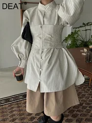 DEAT Fashion Women's Stripe Shirt Dress Zipper Elastic Girdle Stand Collar Single Breasted Slim Dresses Sumer 2024 New 7AB4355