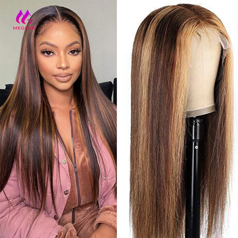 Megeen Straight P427 Colored 100% Human Hair Highlight 13X4 Lace Front Wig Human Hair Pre Plucked Honey Blonde Lace Front Wig