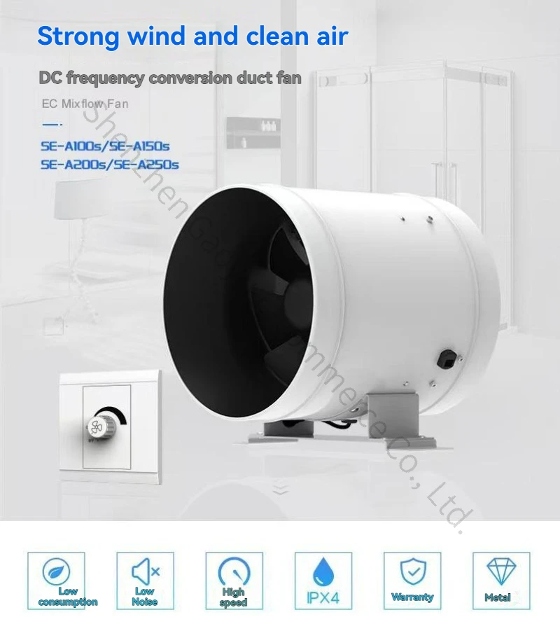 DC Axial Fan Inline Duct Fan, Variable Frequency Control for Ventilation System, Exhaust Fan, Low Noise & Boost Pressure