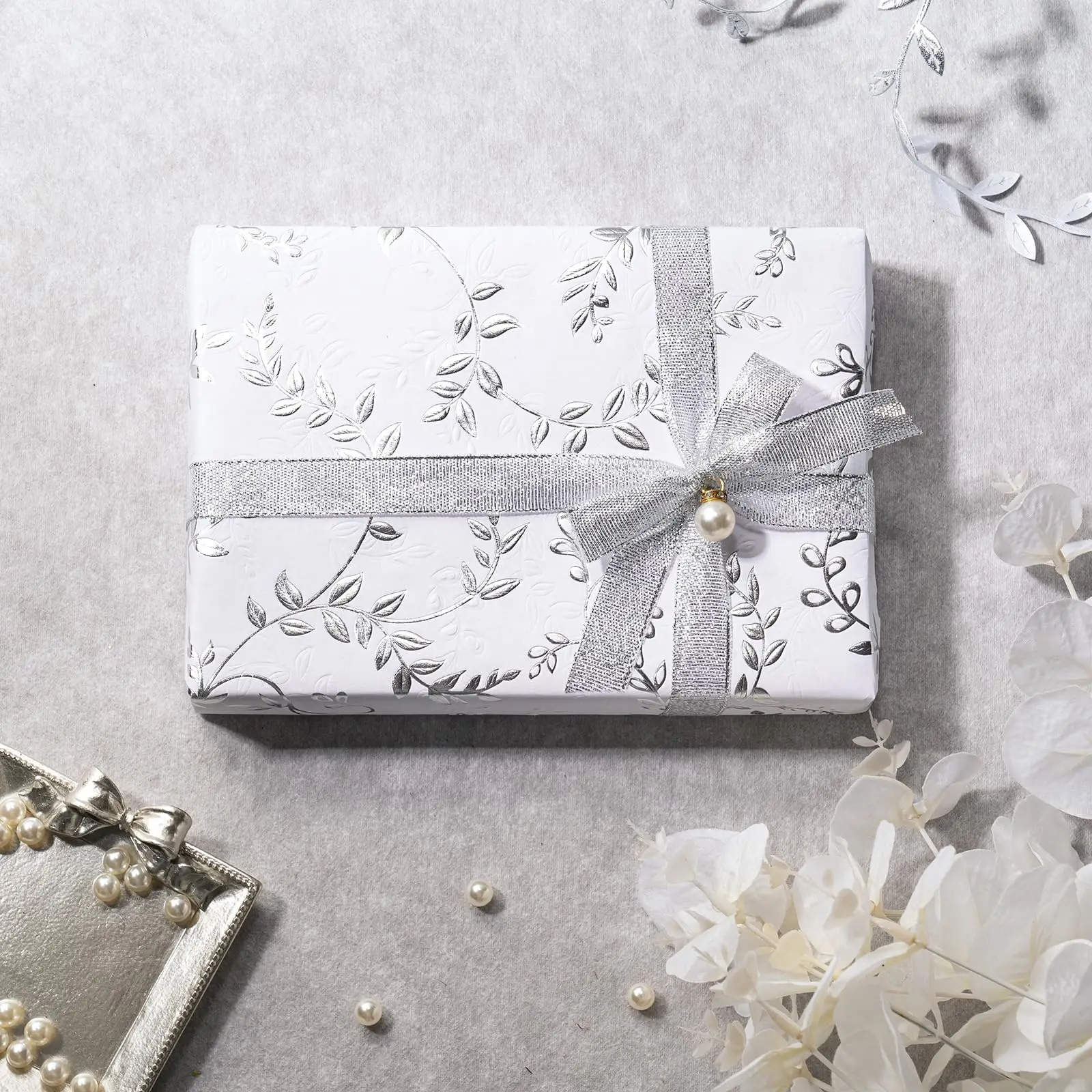 3D Kraft Wrapping Paper Mini Roll 43X500CM Gold and Brown White Leaves Design with Embossed for Birthday Holiday Wedding