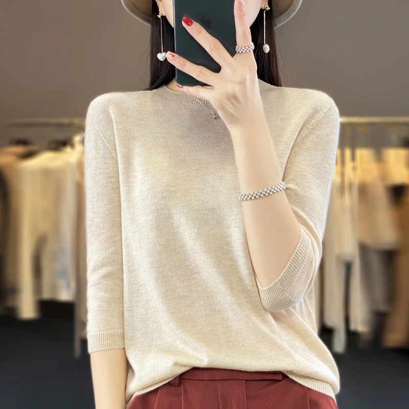 Worsted wool knitted women's round neck with five sleeves loose short sleeves New first-line ready-to-wear solid color T-shirt i