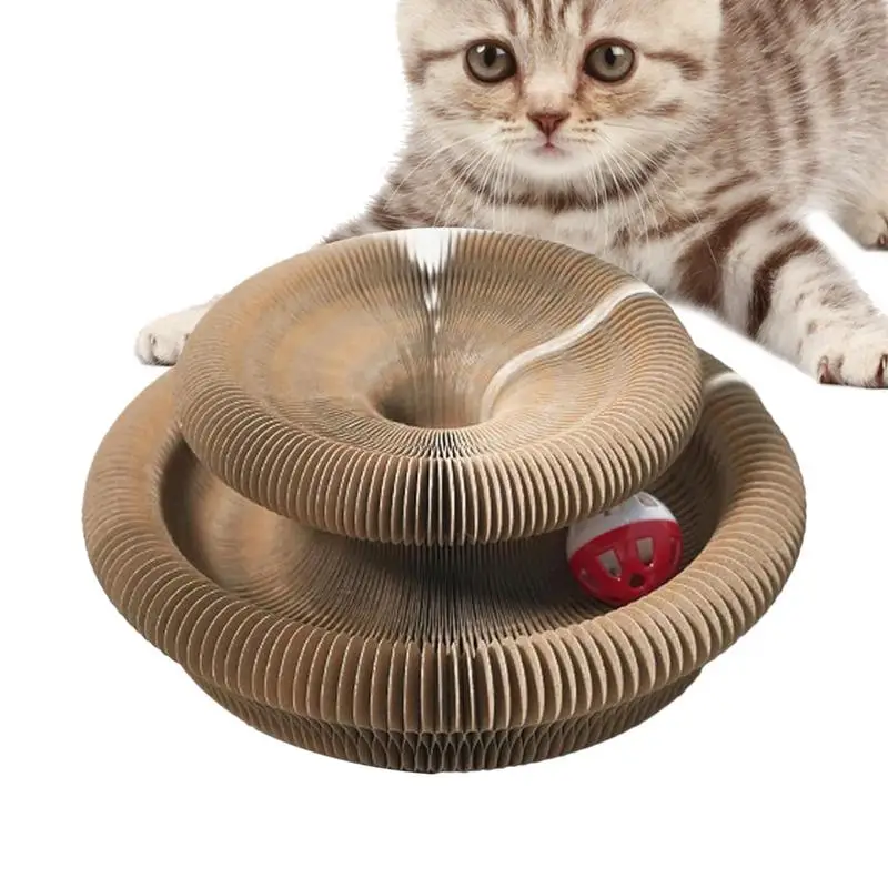 Cat Scratch Pad Round Cat Scratcher Ramp Interactive Cat Cardboard Toys Foldable Cat Accordion Toy With Bell Ball For Cat Play