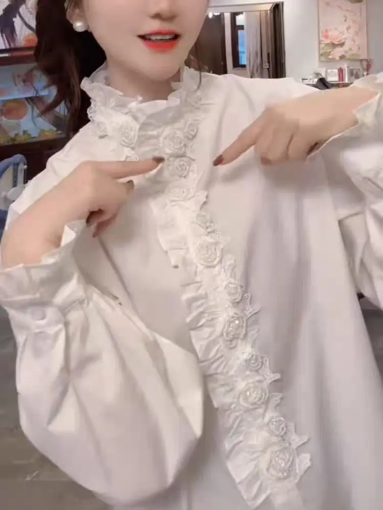 Luxus Perlen Perlen Baumwolle Lose Beiläufige Weiße Hemden Blusen Frauen 2025, Trend Langarm Einreiher Tops Frau Kleidung