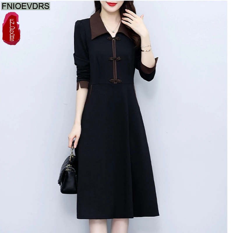 Retro vintage botão camisa vestidos outono inverno básico mulher manga longa elegante senhora do escritório bolsos sólidos vestido preto