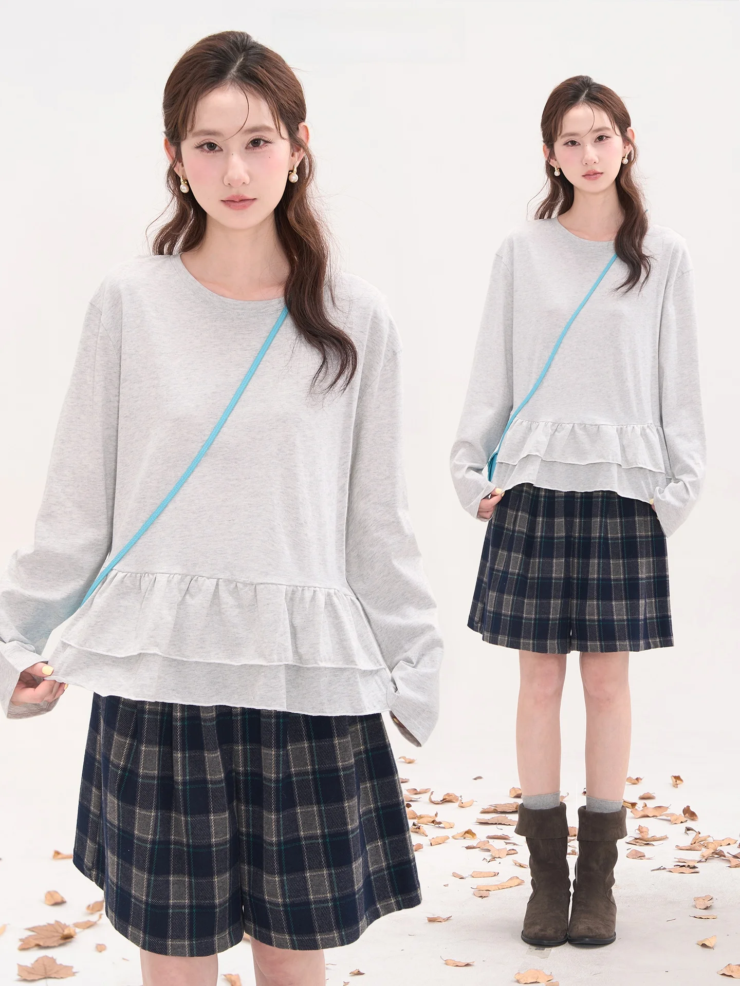 

Spring Summer Korean Sle Long Sve round Ne Women's T-irt Cake Skirt Hemline Casual Loose Fit Cotton Top