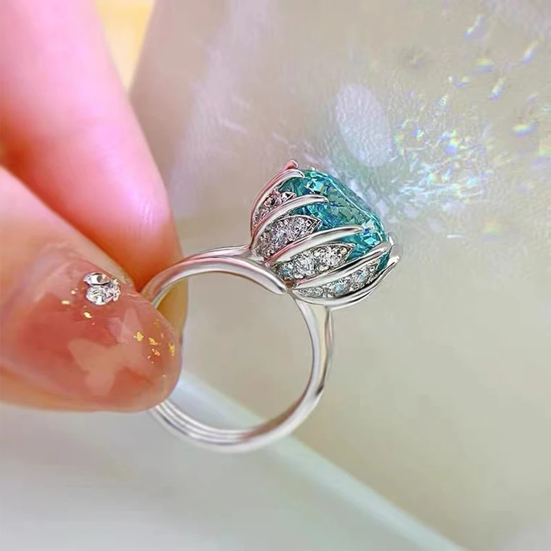 5CT الأخضر مويسانيتي الماس الفاخرة لوتس زهرة المرأة خاتم الذهب الأبيض خواتم الزفاف فضة غرامة مجوهرات للنساء