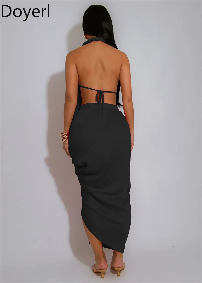 Doyerl Sexy Halter Backless Maxi Dress Women Birthday Sleeveless V-neck Ruched High Split Prom Night Club Party Long Dresses