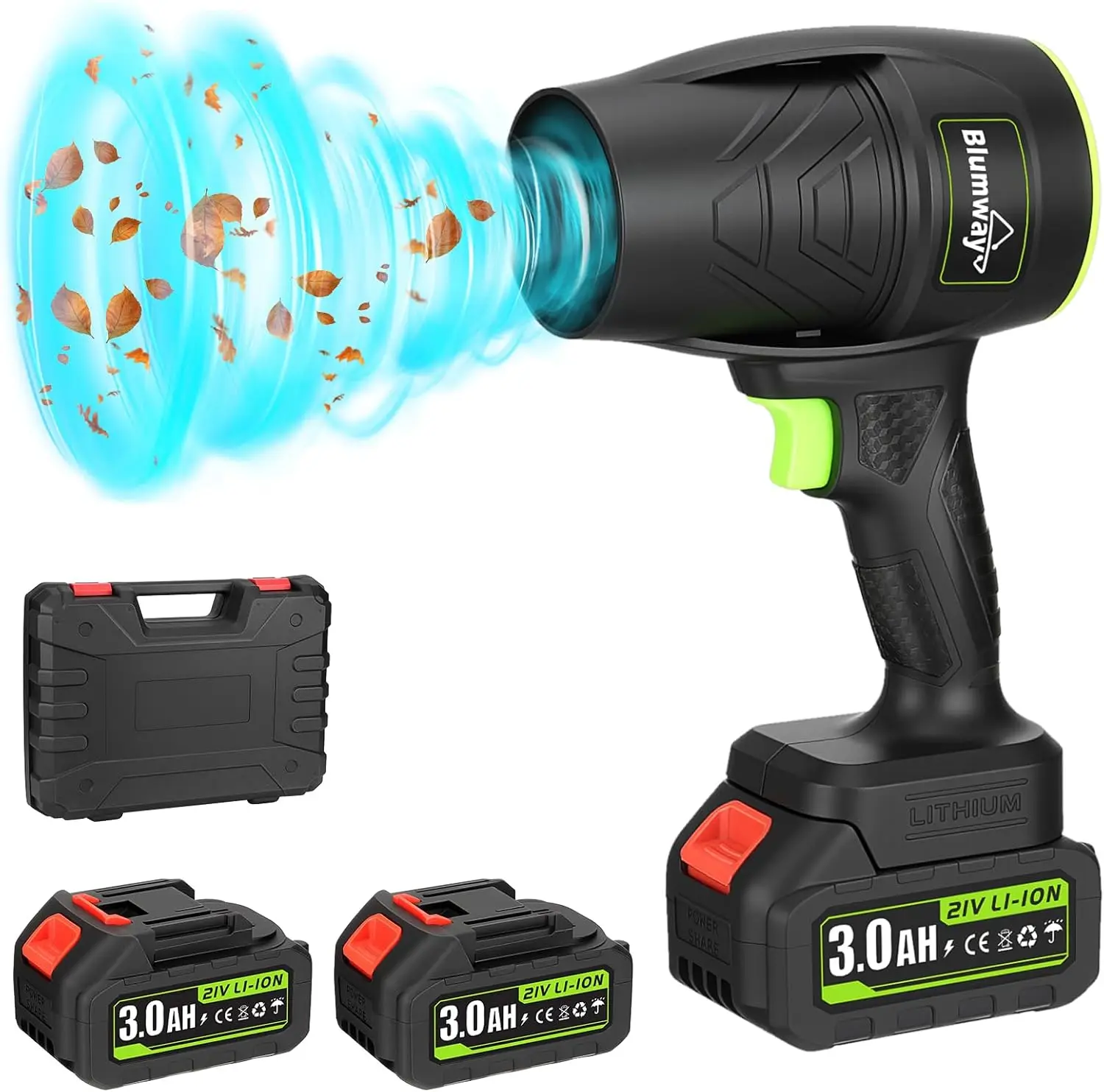 

Аккумуляторная воздуходувка для листьев с двумя аккумуляторами и зарядным устройством для газона, патио, ухода за автомобилем