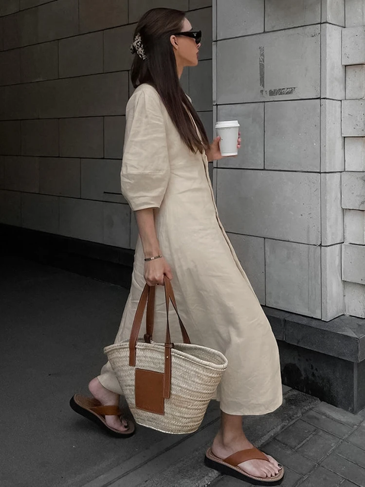 2023 Summer Autumn Solid Khaki Holiday Shirt Dress V-neck Short Sleeve Midi Dress For Women