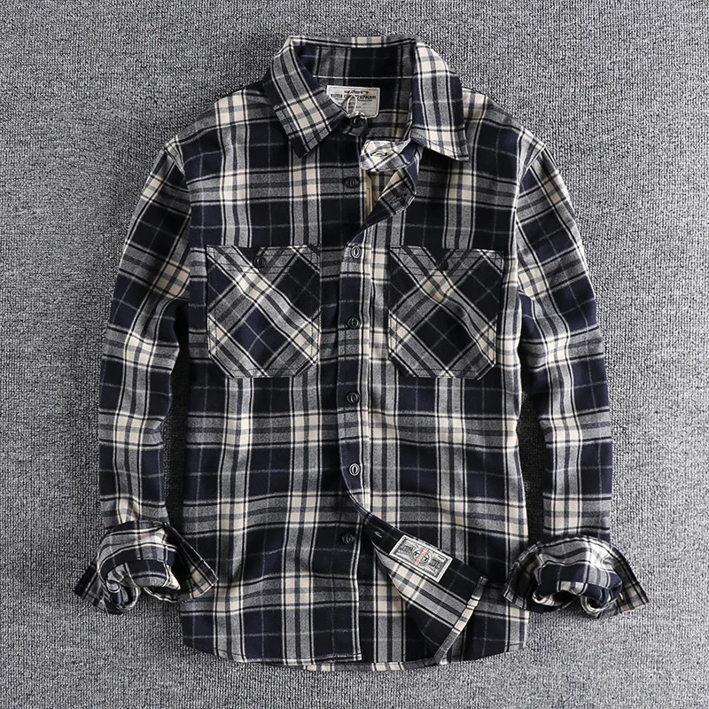 American Casual Wear Men Plaid Shirt Fashion Thickened Double Pocket Work Clothes Long Sleeved Shirt Male Tops Clothes