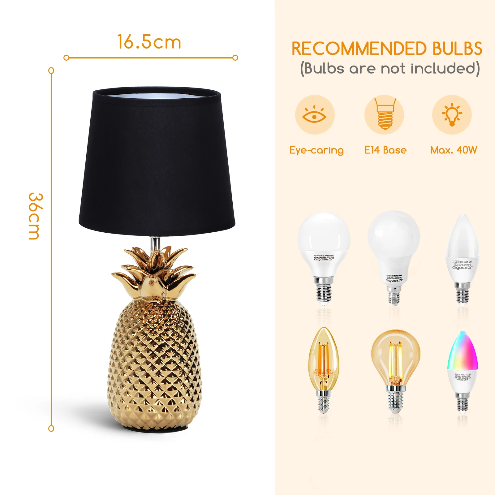 مصباح طاولة سيراميك على شكل أناناس من Aigostar ، مصباح طاولة ذهبي بجانب السرير مع عاكس للضوء من القماش ، مصباح بجانب السرير لغرفة النوم ، غرفة المعيشة ، هدية بدون مصباح ، H36cm ، غطاء E14