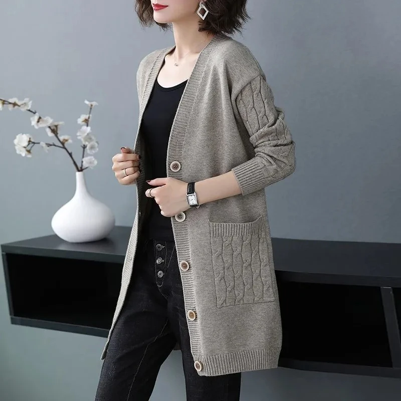 Women Mid-length Casual Knitted Cardigan V-neck Spring Fall Korean Sweater Oversize Loose Tops Coats Elegant Knitewear Outerwear