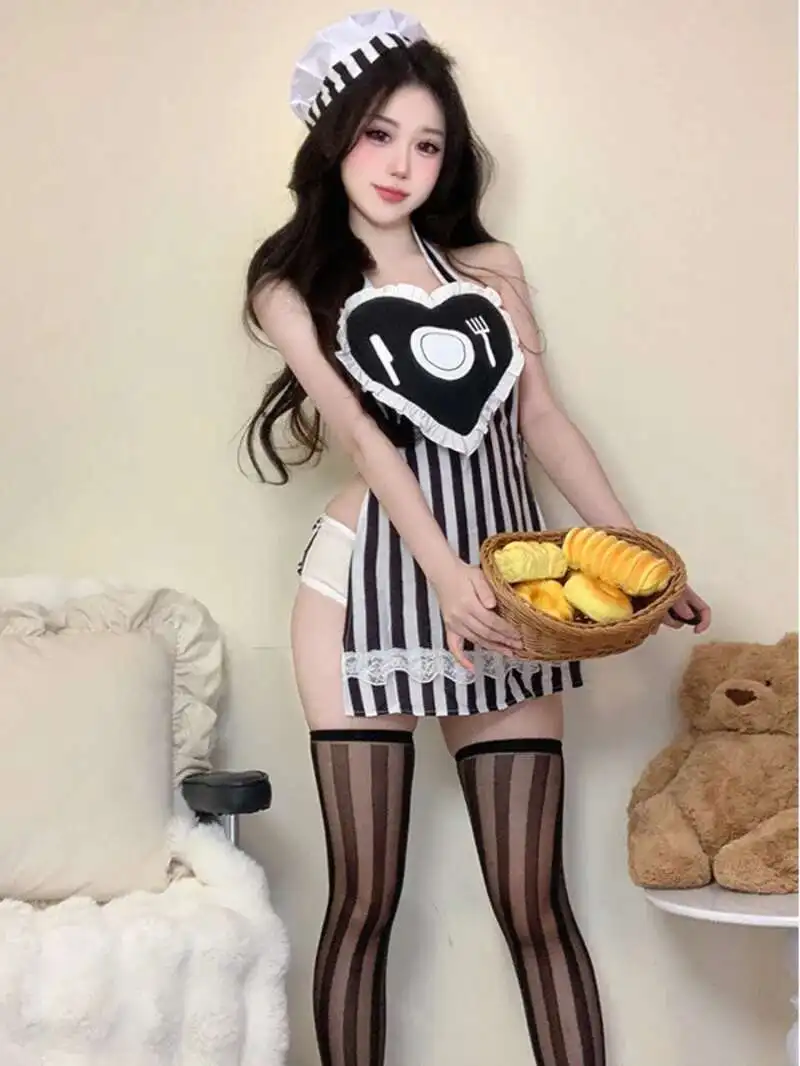 新しい女性 2025 セクシーなぶら下げネックバックレスレースカラーブロッキングメイド制服ドレス + ローウエスト超薄型パンツセット 1MKU