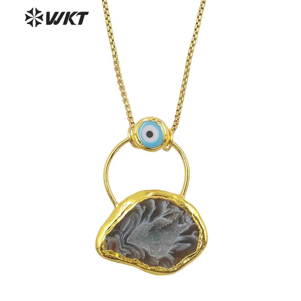 WT-N1364 WKT Fashion Chic Lady Gemstones Irregular Natural Stone Pendant Necklace Geode Agates With Big Ring Necklace Jewelry