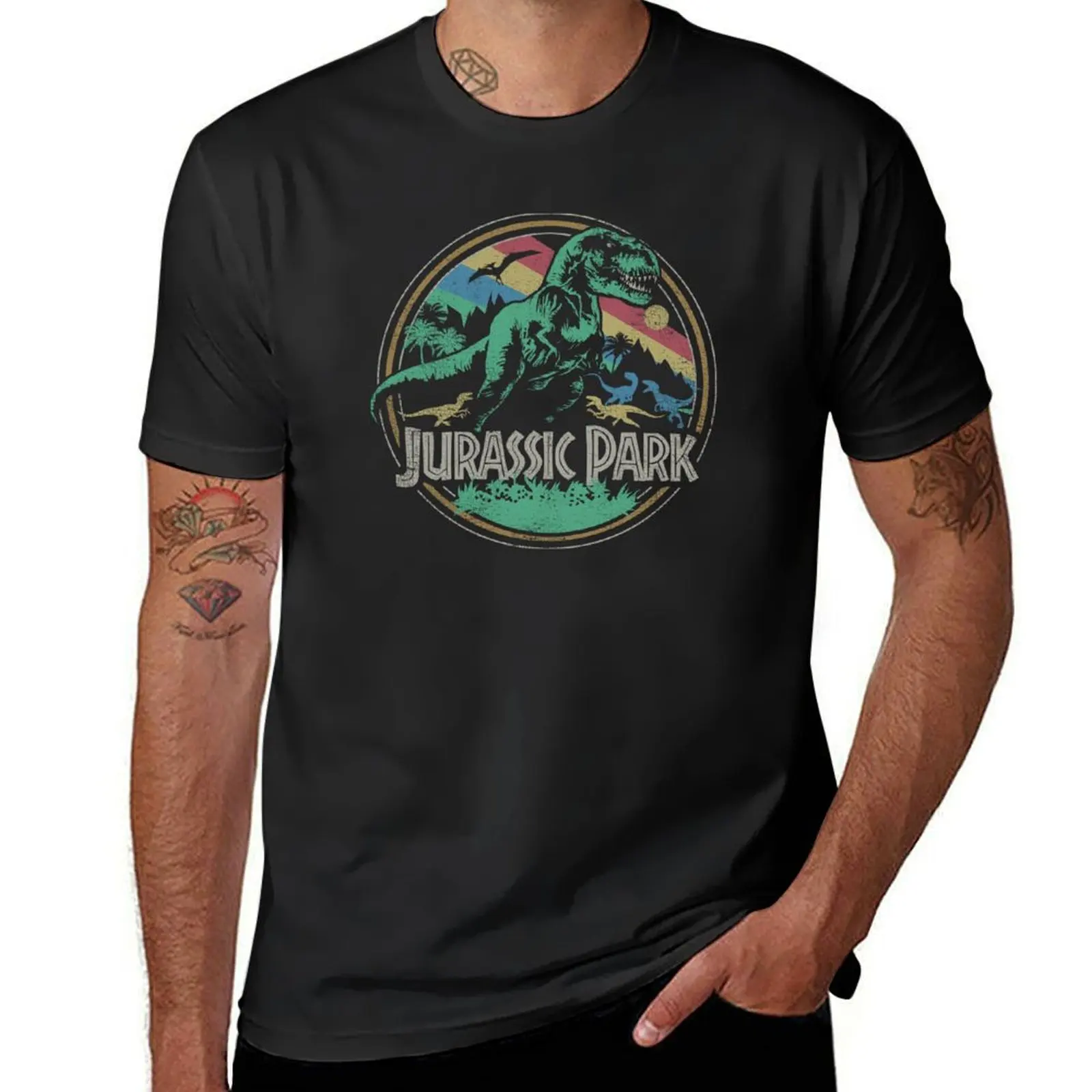 

Jurassic Park Rainbow Vintage Distressed T-Rex Tropical Print T-Shirt plus sizes korean fashion plain white t shirts men