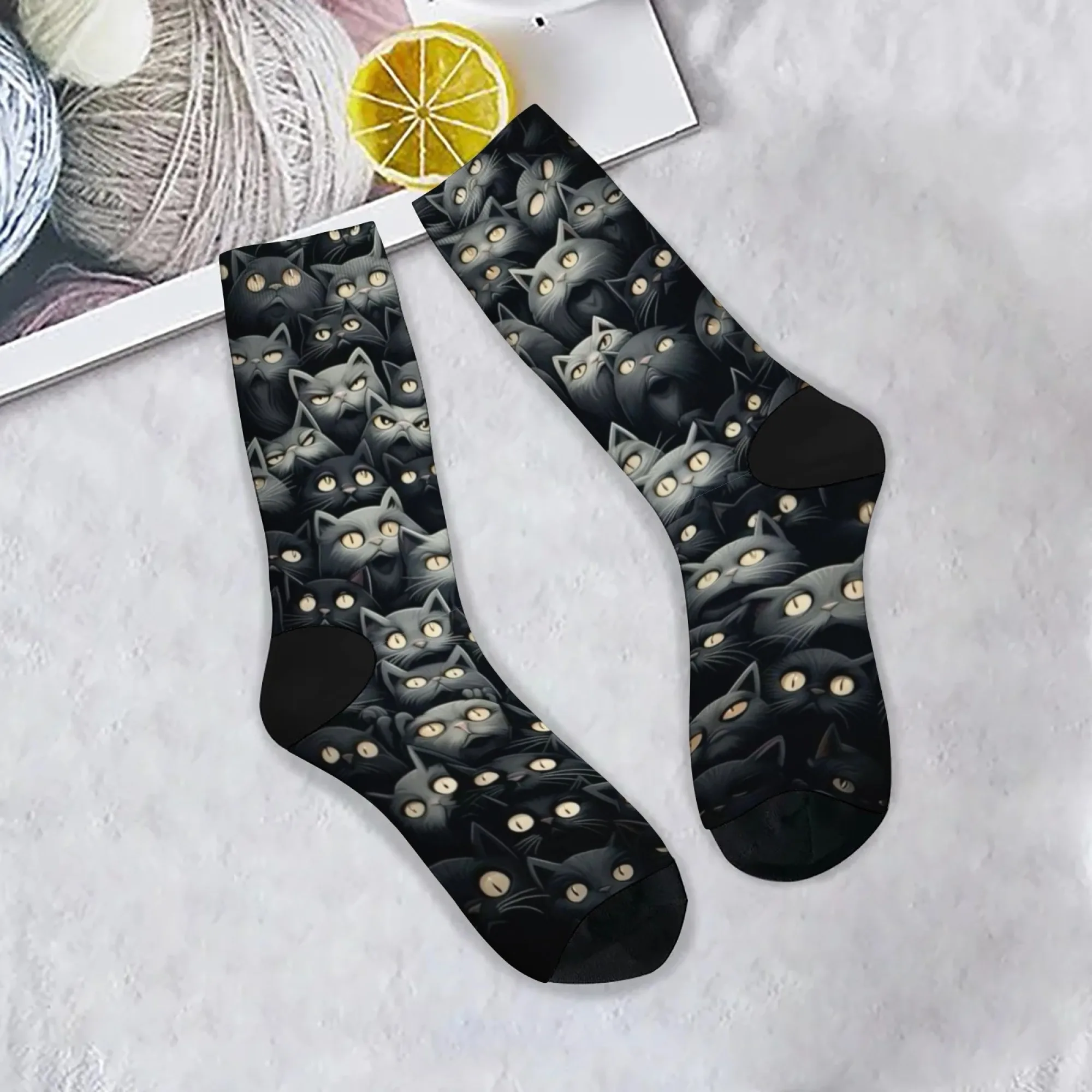

Trendy Mystic Cat Crew Socks Black Background with Glowing-eyed Black Cat Clusters for Harajuku Inspire & Street Fashion