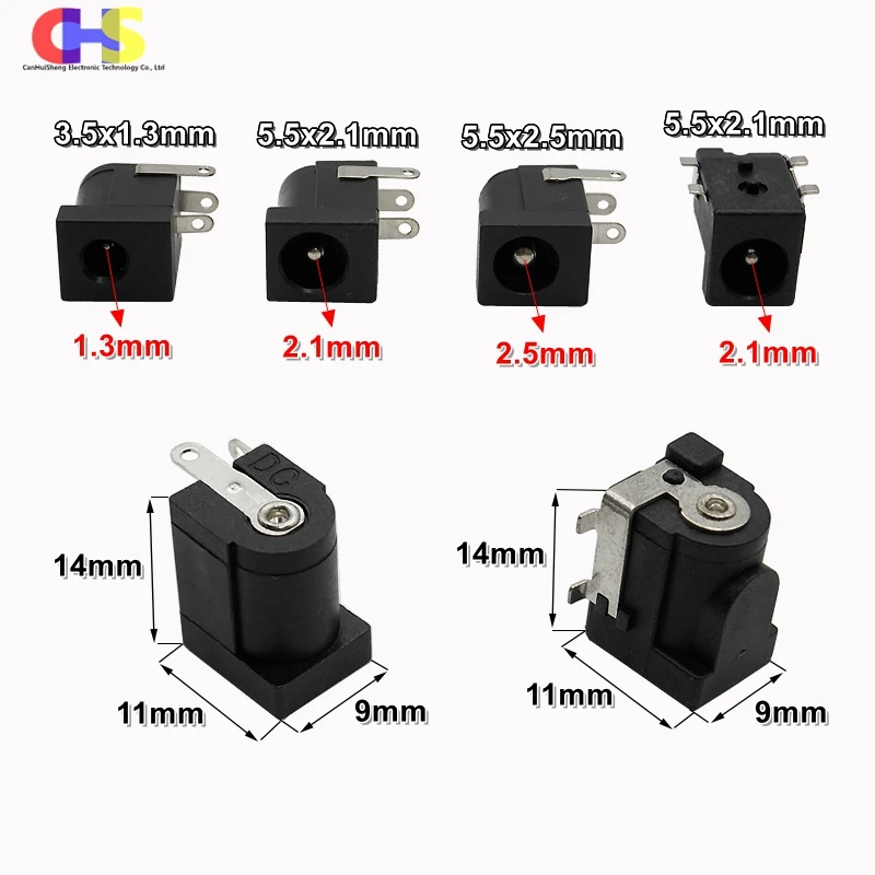 10pcs ​​DC-005 Power Connector Kit Male/Female Socket Plug 5.5x2.1/2.5mm &3.5x1.3mm Ports Right Angle PCB Mount Terminal​​ DC005